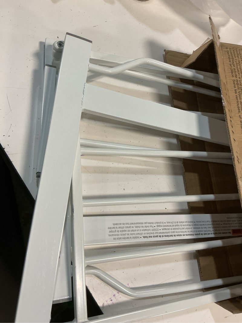 Condition photo showing As Is for regalo safety 29-38.5" baby gate for doorways & bottom of stairs, pressure mounted baby gate with door for babies, toddlers & pets, tested & safe for 30 years, american designed, american owned, white white 29-38.5"w x 30"h