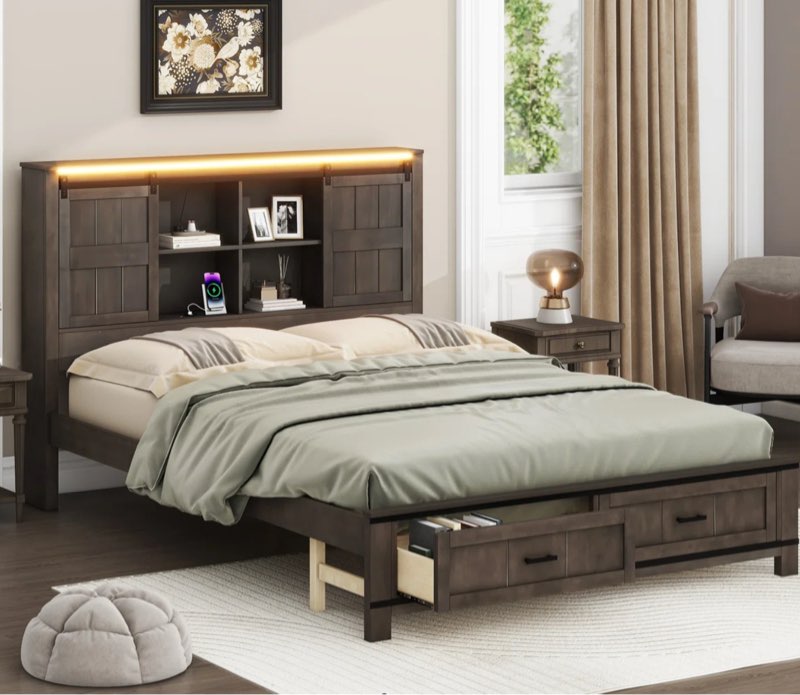 ( incomplete box 1 of 2 )Wood Queen Size Storage Bed With Drawers, Headboard, LED Lights And Charging Station
