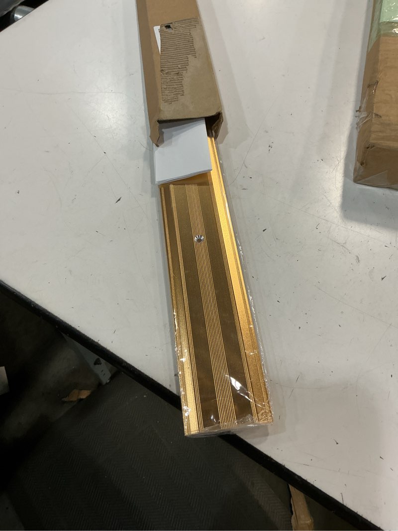 Condition photo showing Good Condition for aluminum metal door threshold, floor transition strip, 36'' l x 2.4'' w x 0.1'' h, flat-profile threshold, flooring gaps carpet vinyl wood, stylish doorway transition draft protection (gold) 1pc-36 x 2.4 x 0.1 in copper gold