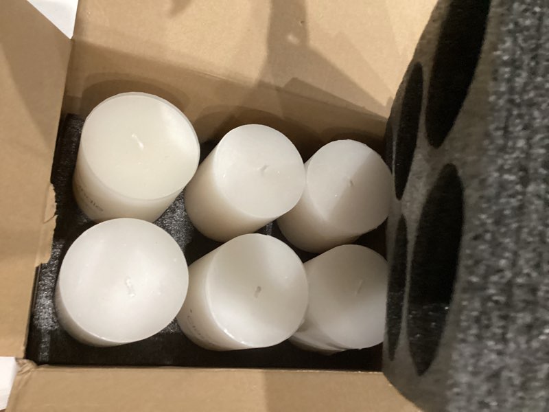 Condition photo showing New/Like New for 6 Packs Dripless Ivory Pillar Candles, Unscented 2.75x4 Inch Cylinder Wax Candles for Home Table Holiday Party Spa Decor Emergency