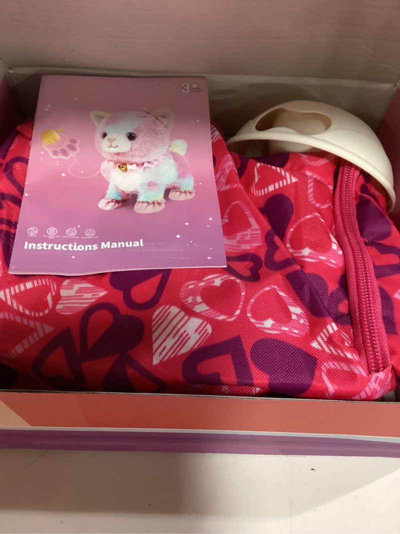 Condition photo showing Good Condition for golray cat toys for kids girls gift, electronic interactive plush toy cat can walk and meow - 16 pcs carrier & pet groom feed care pretend play set, birthday gift for toddler little girl 3 4 5 6 7 8 9