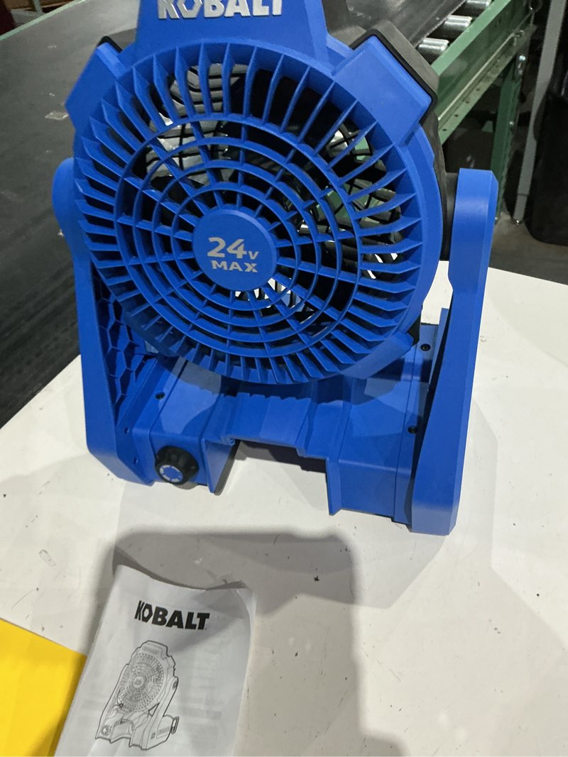 Condition photo showing As Is for kobaltin high velocity indoor/outdoor personal fan, battery powered, in blue