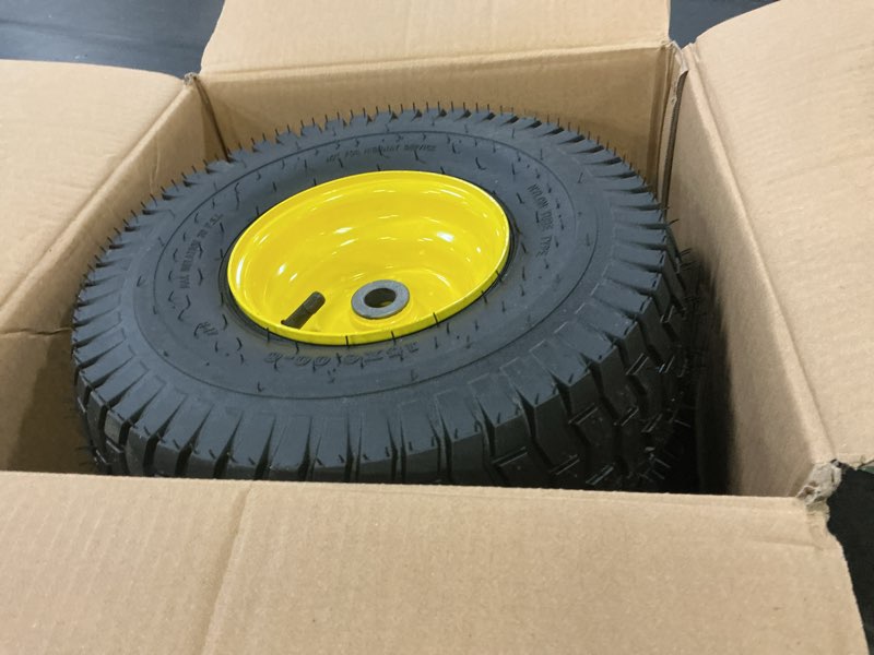 Condition photo showing Good Condition for ar-pro (2 pack) exact replacement 15" x 6.00-6 front tire and wheel assemblies compatible with john deere riding mowers tractor and more - 3" offset hub and 3/4" bushings, 4ply pneumatic 15 x 6.00-6" pneumatic (offset hub) yellow