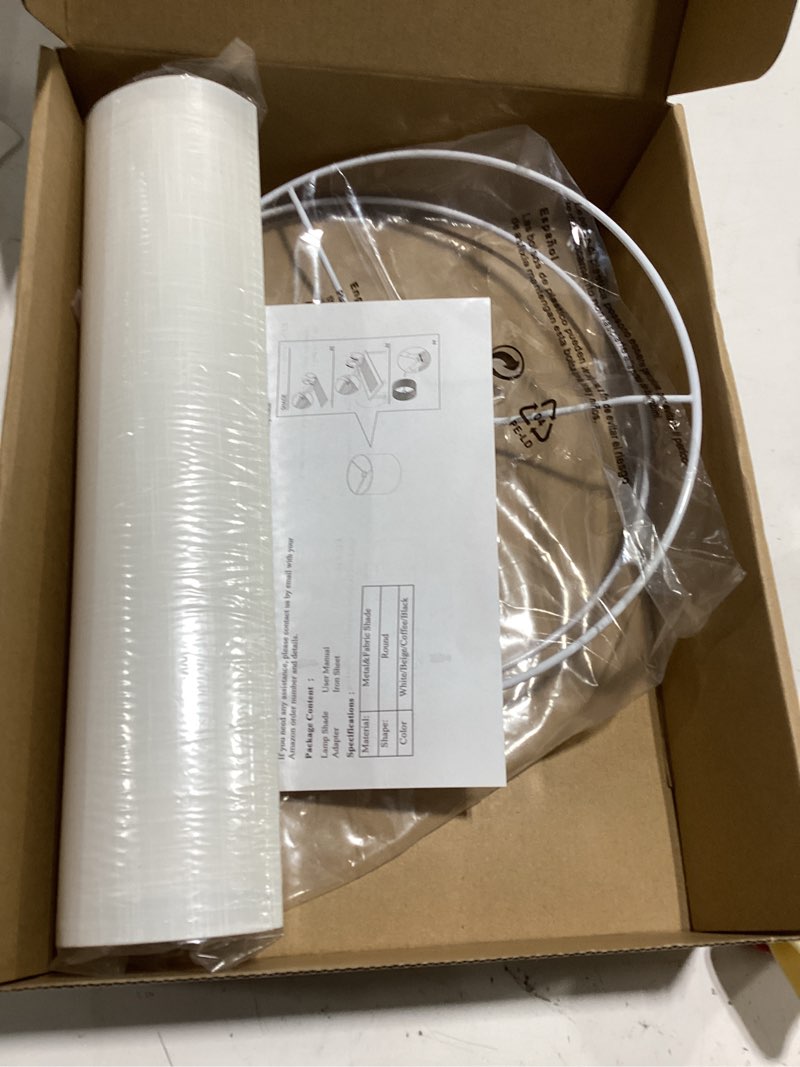 Condition photo showing Good Condition for white linen tall drum lampshade, 10" top x 10" bottom x 13" high lamp shade, lamp shade replacement for table and floor lamps, pendant light, handcrafted lampshade, easy assembly