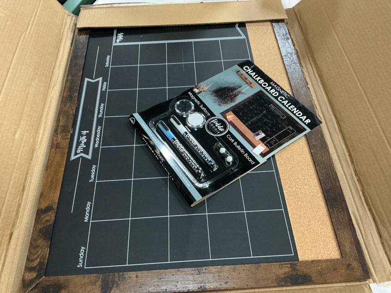 Condition photo showing Good Condition for loddie doddie chalkboard calendar & bulletin board - 18" x 24", rustic frame - kitchen menu sign - magnet display with magnets & push pins - bulletin board calendar for notes rustic 18"w x 24"h