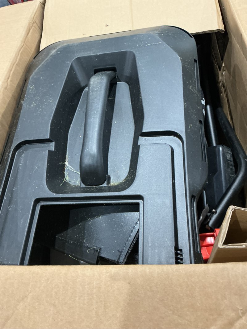 Condition photo showing As Is for litheli 14 inch cordless lawn mower, brushless battery powered push mower with 5.0ah battery, 5-position height, 8-gallon bag, lightweight grass cutter for small to mid-sized yards gray