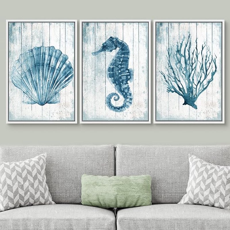 signwin framed canvas print wall art blue seahorse and seashell with coral decorative shapes illustrations modern art rustic relax/calm warm for living room, bedroom, office - 24"x36"x3 white