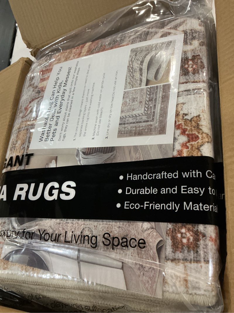 Condition photo showing New/Like New for madane 5x7 area rugs for living room, stain resistant washable rugs, non-slip backing area rug, vintage home decor rug for bedroom (turmeric/grey, 5'x7') turmeric/grey 5' x 7' (rectangular)