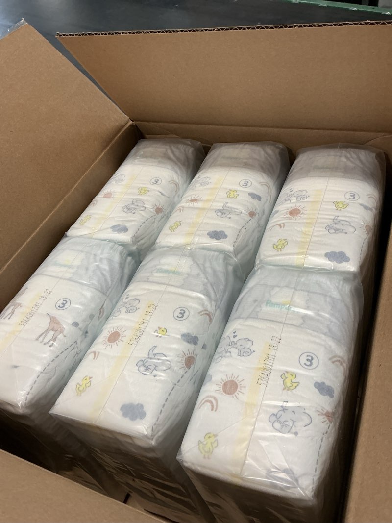 Condition photo showing New/Like New for pampers swaddlers diapers, size 3 (13-26 lbs), 168 count, absorbent, keeps baby dry and comfortable, skin safe disposable baby diaper size 3 168