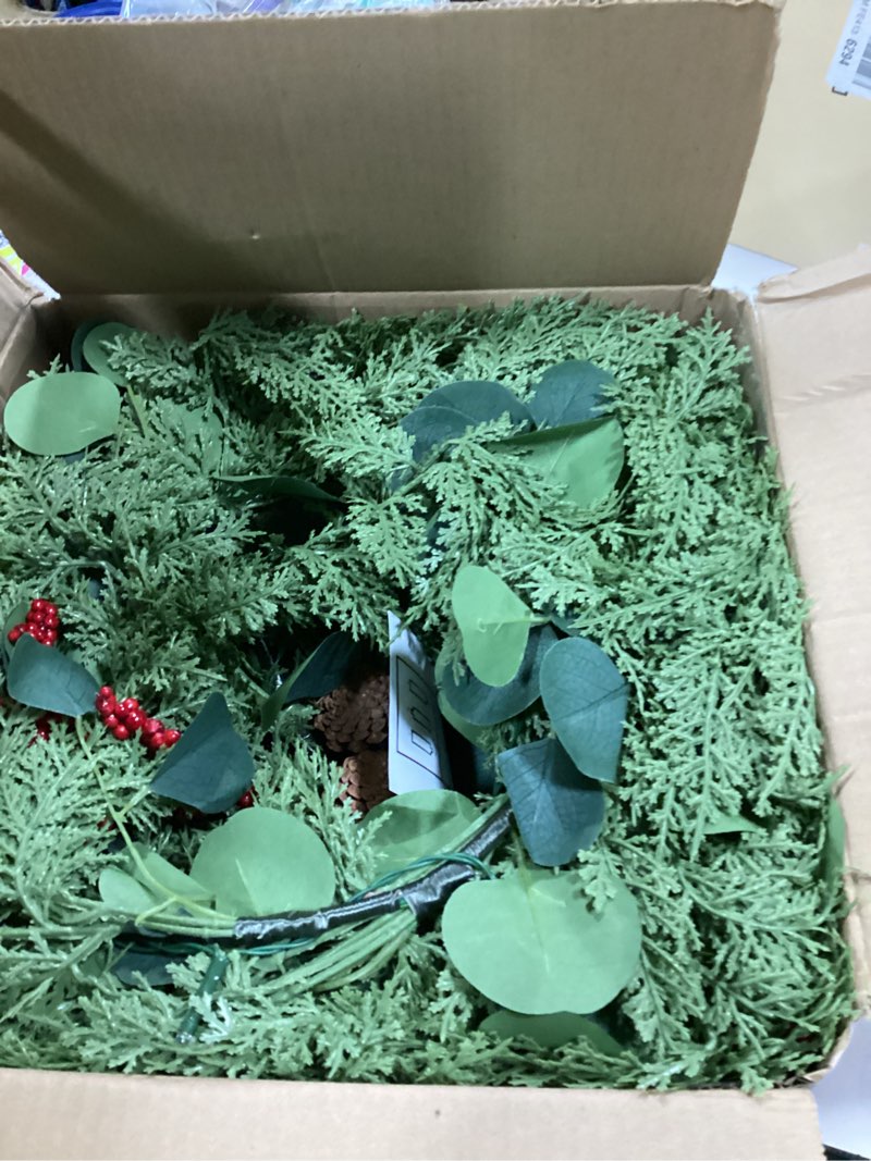 Condition photo showing New/Like New for Extra Thick & Lush - 9 Ft by 12 Inch Prelit Christmas Garland with 50 Lights Timer, Real Touch Cedar Garland, 175 Tips Realistic Soft Battery Operated Red Berry Pinecones Xmas Garlands Indoor Outdoor 9 Ft Warm White Lights