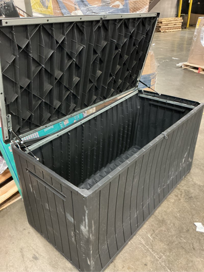 Condition photo showing As Is for keter 170 gal. resin deck box large indoor/outdoor storage