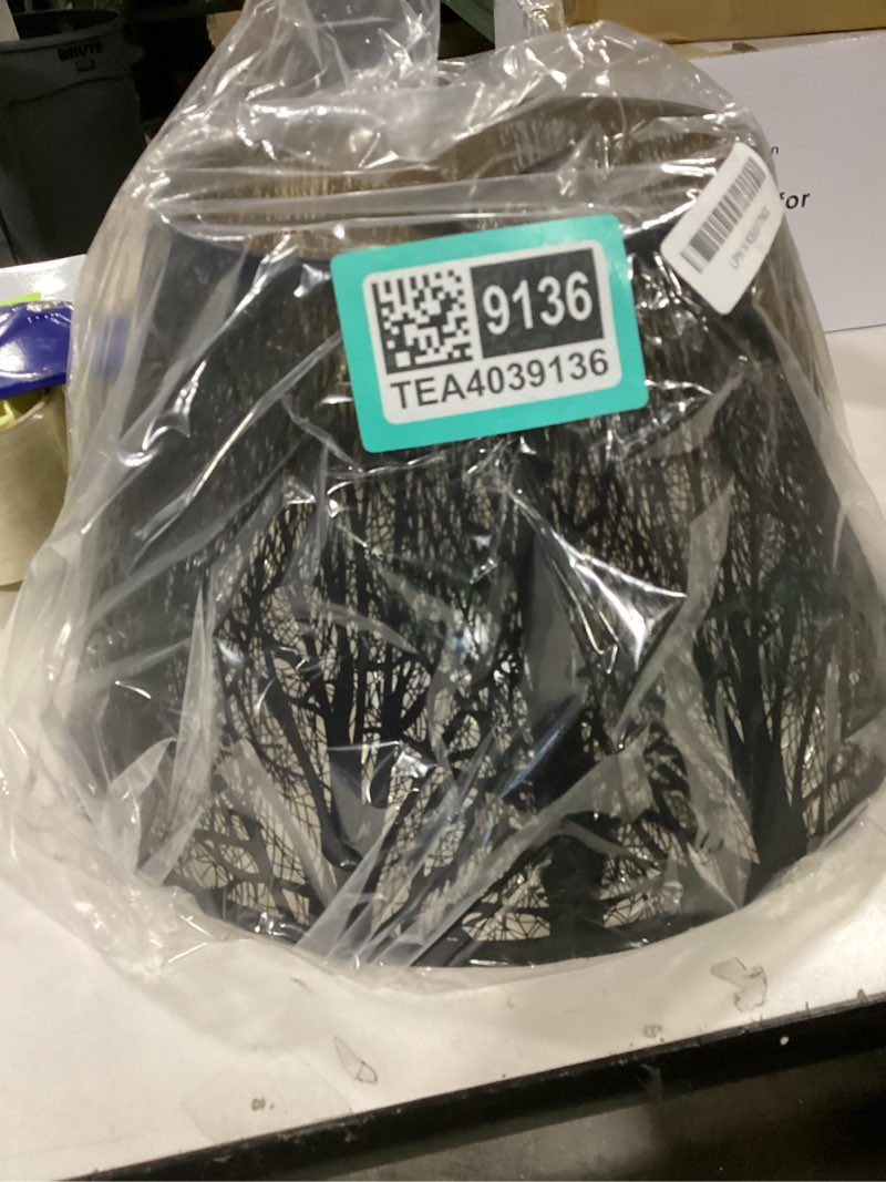Condition photo showing As Is for Medium Lamp Shade, ALUCSET Barrel Metal Lampshade with Pattern of Trees Lampshade for Table Lamp, 7x13x7.8 inch, Metal Lampshades, Spider Barrel-Trees(S)