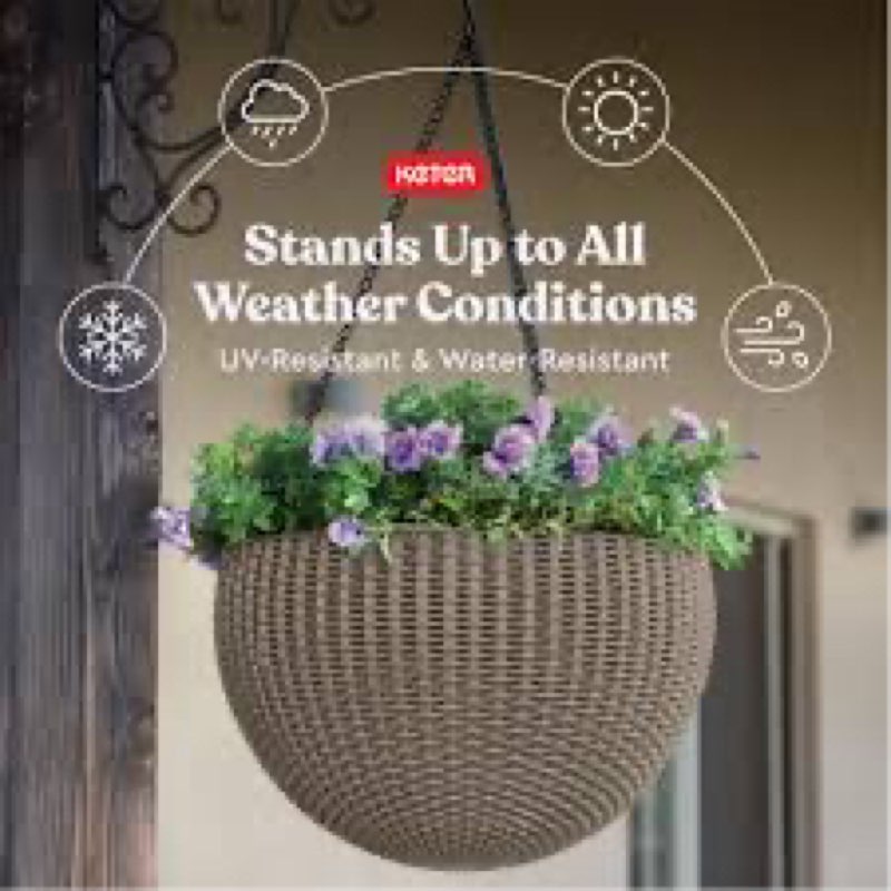 keter resin rattan set of 2 round hanging planter baskets for indoor and outdoor plants-perfect for 