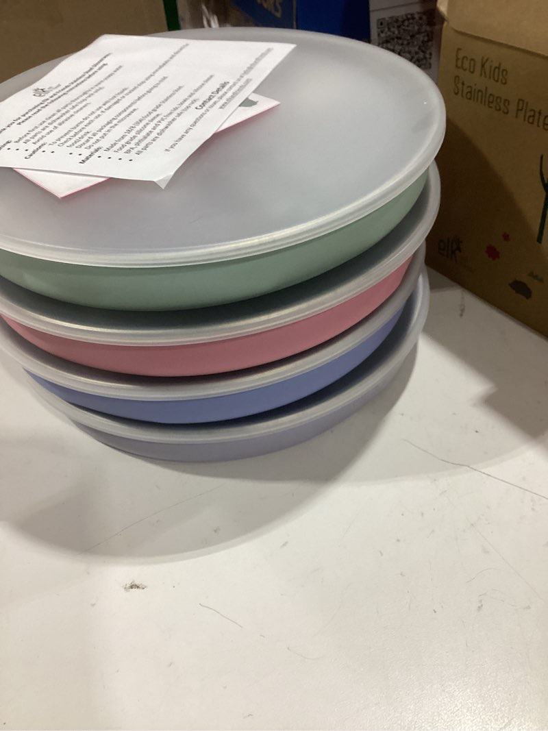 Condition photo showing Good Condition for stainless steel divided plates + silicone sleeve and storage lid | baby, toddler, kids | dinner & snack plates | 4 pack sage/mistyblue/blush/lilac non-suction sleeve