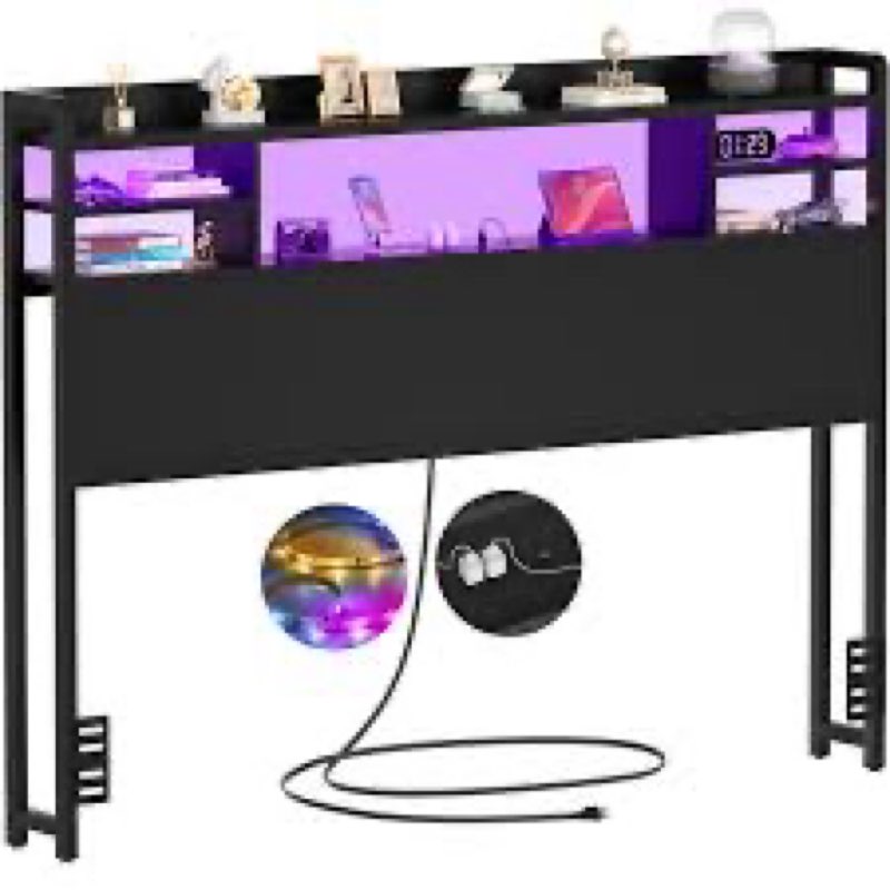 Aheaplus Headboard for Full Size Bed with Storage, Headboards with LED Light, Power Outlets, USB Ports Full Size Head Board, Wood headboard Only Sturdy and Stable Headboards, Modern, Black