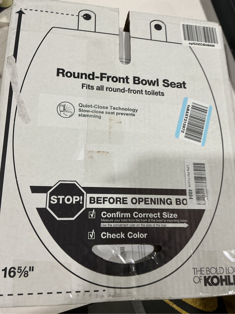 Condition photo showing As Is for KOHLER 20111-0 Brevia, Slow Close Toilet Seat, Round Toilet Seat, Grip-Tight Bumpers Quick-Attach Hardware, White White Round Quiet-Close