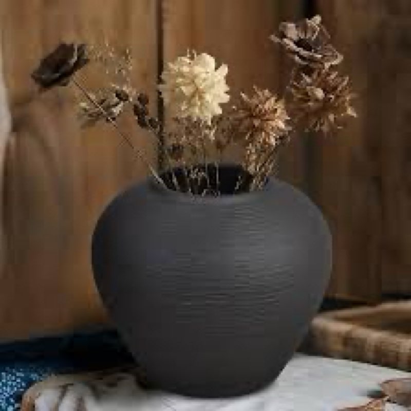 Large Black Ceramic Vase, 10.8 inch Round Minimalist Textured Floor Vase, Rustic Farmhouse Decor for