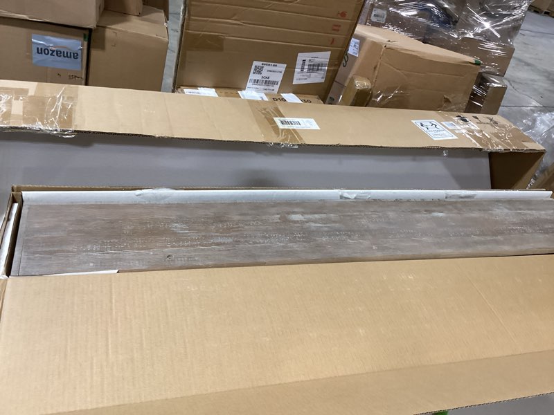 Condition photo showing New/Like New for mcs 48-inch mantel, master & co warm gray finish solid wood floating fireplace mantel, long floating shelf for livingroom with wood cleat hanging system, photo and home decor display shelf gray woodgrain 48 in rustic