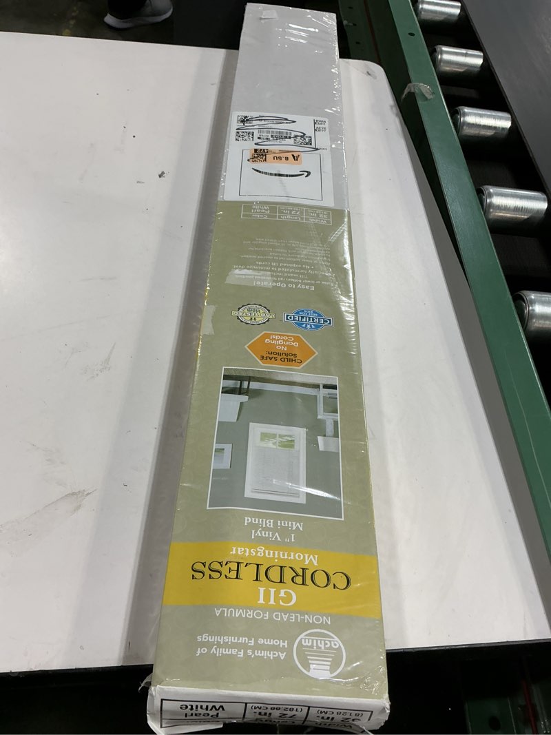 Condition photo showing New/Like New for Achim GII Morningstar Indoor Cordless Vinyl Light Filtering Window Mini Blind  Pearl White  72  L x 32  W