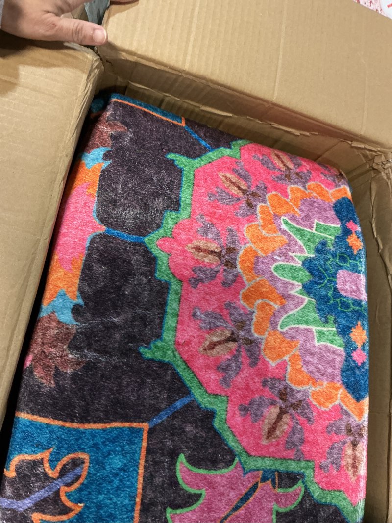 Condition photo showing Good Condition for Kokia 9x12 Area Rug, Burgundy/Fuchsia/Orange Soda, Rectangular, Low Pile, Machine Made, Floral, Non-Slip, Washable, Stain-Resistant, Indoor, Home/Area Rugs Burgundy/Fuchsia/Orange Soda/Azure 9' x 12' (Rectangular)