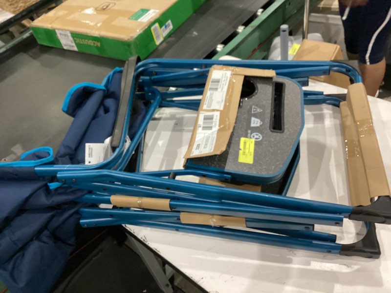 Condition photo showing As Is for ozark trail director's loveseat with tables for outdoor camping, adult use, blue, tension fabric