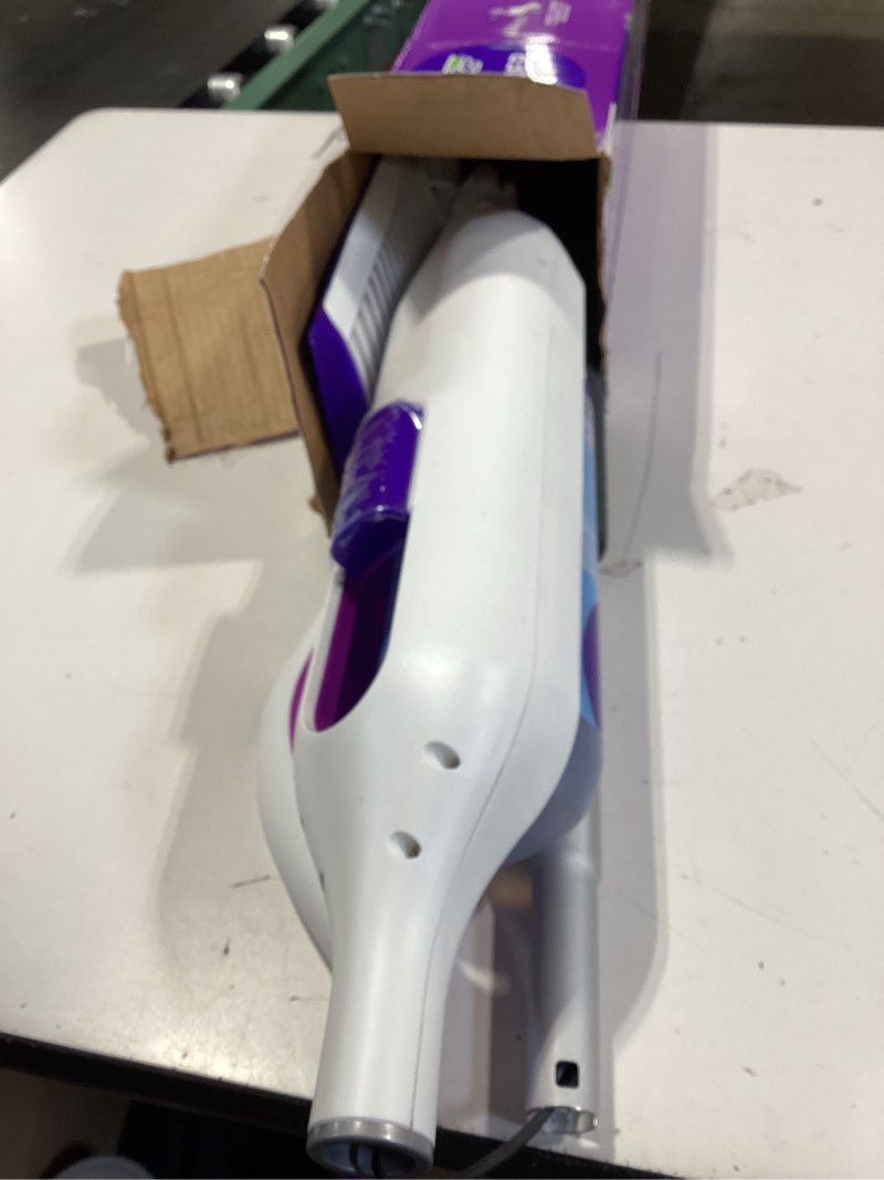 Condition photo showing As Is for swiffer powermop multi-surface mop kit for floor cleaning, includes powermop, 2 mopping pad refills, 1 cleaning solution with fresh scent and 2 batteries purple and white