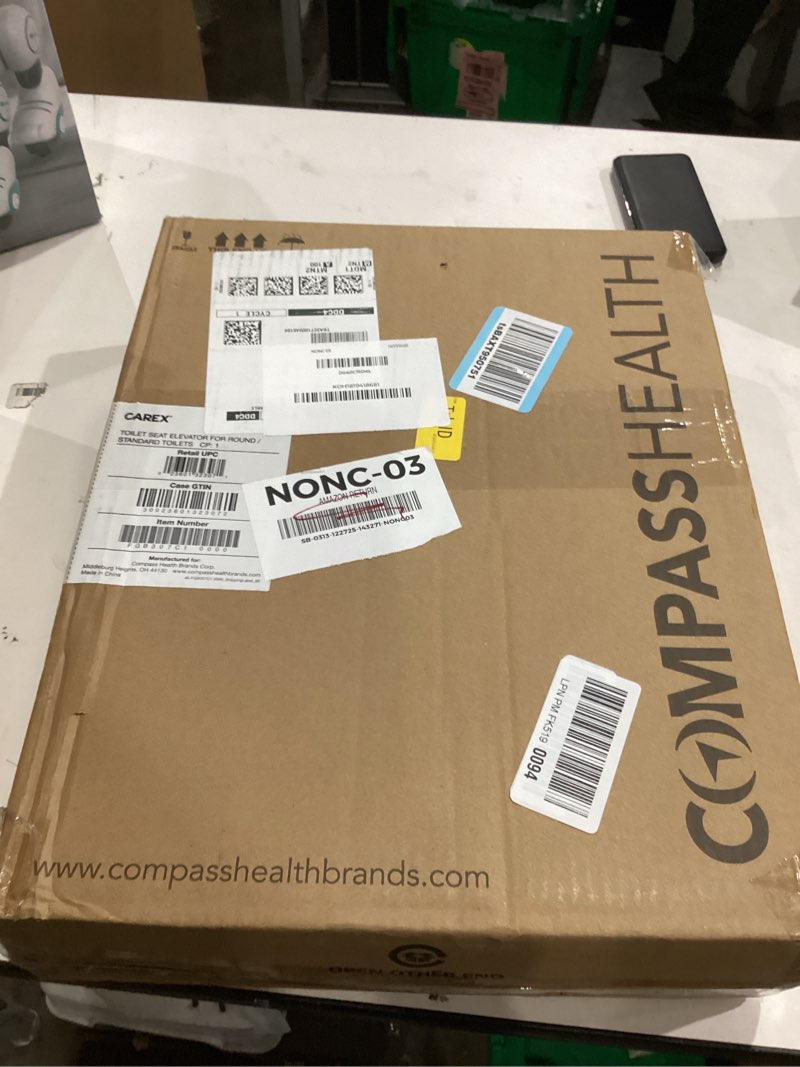 Condition photo showing New/Like New for Carex Toilet Seat Riser, Round Raised Toilet Seat Adds 3.5 inches to Toilet Height, for Assistance Bending or Sitting, 300 Pound Weight Capacity Toilet Riser