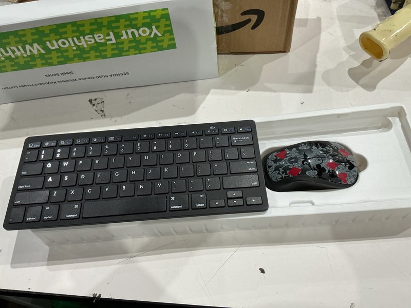 Condition photo showing As Is for seenda wireless bluetooth keyboard and mouse combo, skm64-3 rechargeable slim quiet keyboard mouse, 3 multi-device connection, compatible for windows 11/10 pc laptop mac macbook ipad, black gray