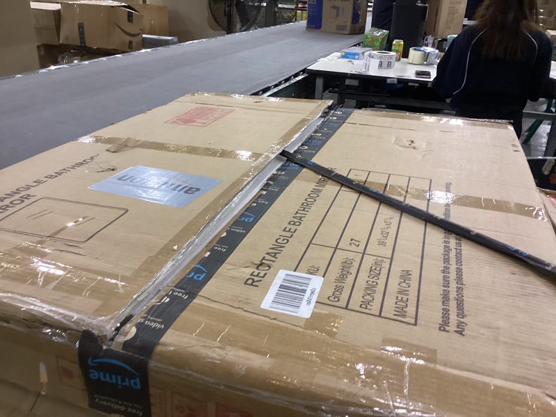 Condition photo showing Good Condition for 30x36 Inch Gold Bathroom Mirror, Brushed Metal Framed Rectangle Mirror with Rounded Corner, Gold Bathroom Vanity Mirror for Bedroom or Living Room, Horizontal/Vertical 30"L x 36"W Gold