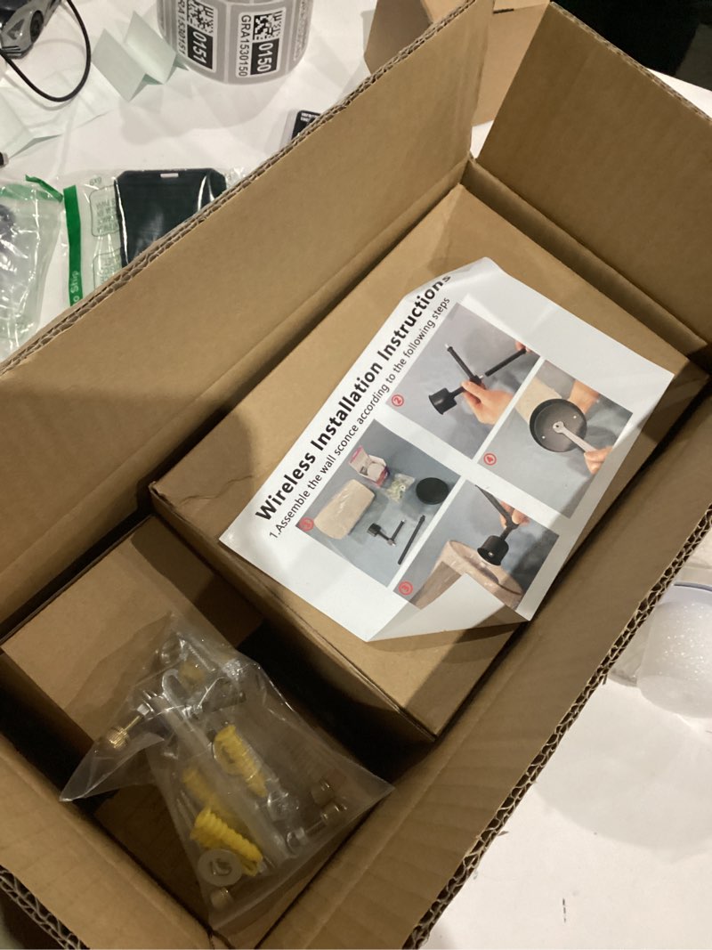 Condition photo showing As Is for Battery Operated Wall Sconce Set Of Two with Remote Control, Indoor Not Hardwired Dimmable Battery Operated Wall Sconce Light Fixture with Fabric Linen Shade For Bedroom Living Room, Bulb Included ( C Bronze