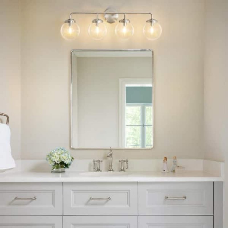 Modern 30.71 in. 4-Light Nickel Bathroom Vanity Light with Clear Glass Shades, Suitable Bathrooms, Powder Rooms