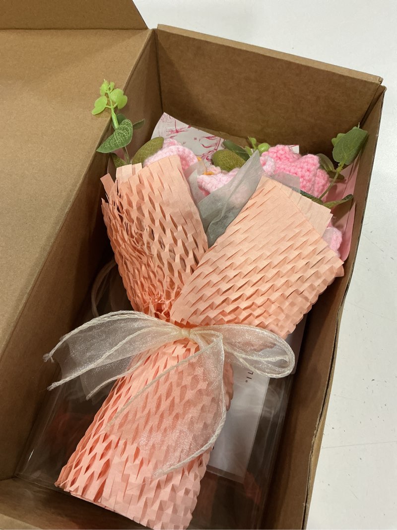 Condition photo showing Good Condition for crochet flowers bouquet - handmade tulips roses daisies knitted flowers for mother's day wedding anniversary birthday teacher appreciation gifts home decor pink