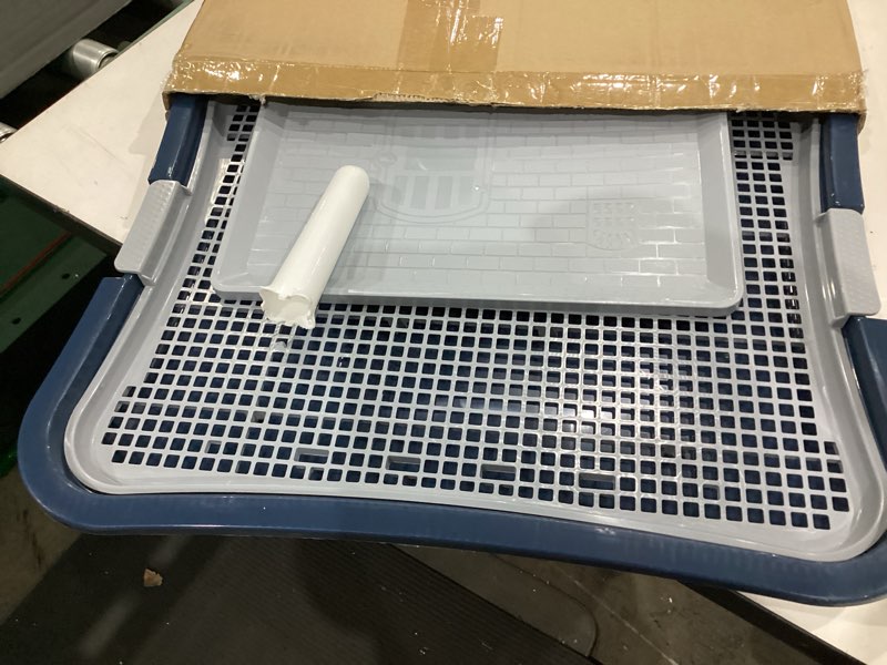 Condition photo showing Good Condition for dog pee pad holder, indoor dog potty tray with splash guard & center post, potty for small dogs, waterproof and easy to disassembly and cleaning dog toilet, 23.62"x19.69" (blue)