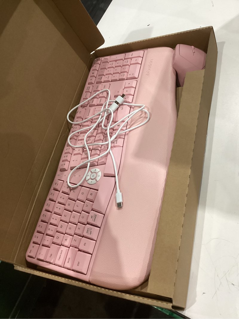 Condition photo showing Good Condition for MEETION Ergonomic Keyboard and Mouse Combo, 2.4G Cordless Split Keyboard with Cushioned Palm Rest, Vertical Wireless Mouse, Natural Typing Full Size Keyboard, for Windows/Mac Pink Large Pink new