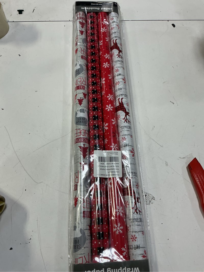 Condition photo showing New/Like New for WRAPAHOLIC 30 Inch Christmas Wrapping Paper Roll - Jumbo Roll Rustic Holiday Woodland Scenes - Snowflake, Plaid, Reindeer - 4 Rolls - 30 Inch x 120 Inch Per Roll Red & White - 4 Rolls