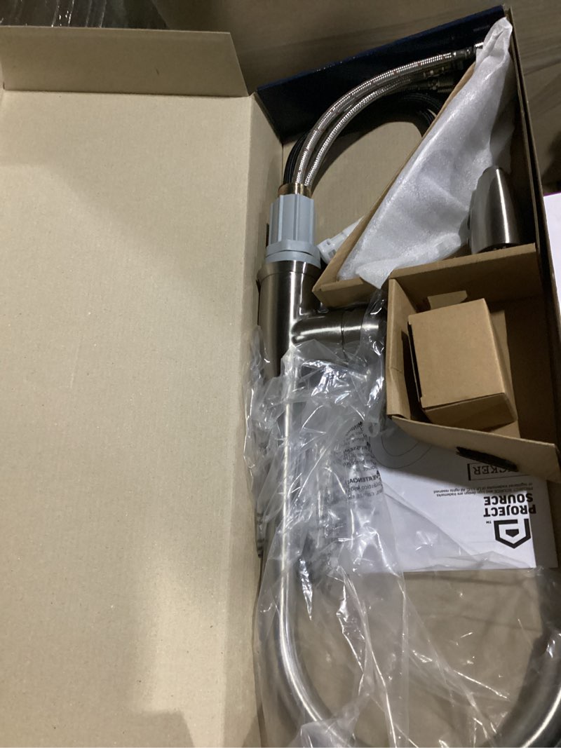 project source tucker stainless steel single handle deck-mount pull-down kitchen faucet with sprayer (includes deck plate