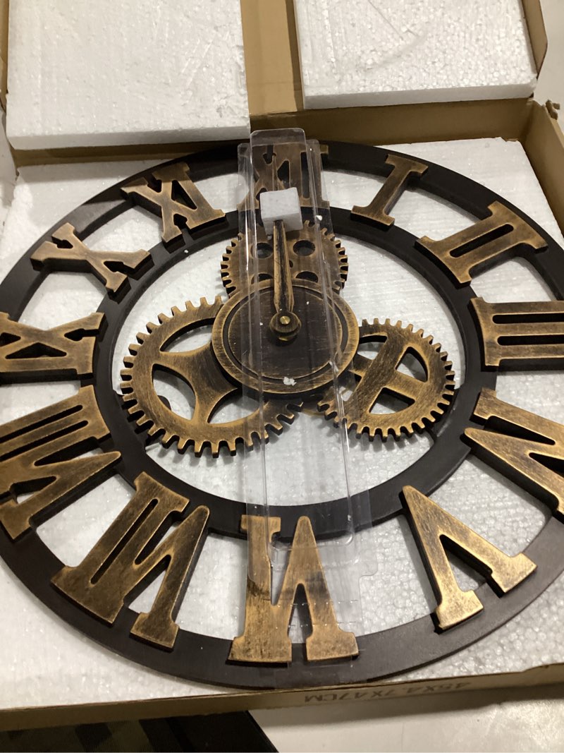 Condition photo showing Good Condition for Timelike Large 3D Retro Wall Clock, Silent Non-Ticking Wooden Gear Wall Clock Rustic Vintage Quartz Clocks for Home Living Room Decoration (Bronze-Roman Numbers, 18 Inch)