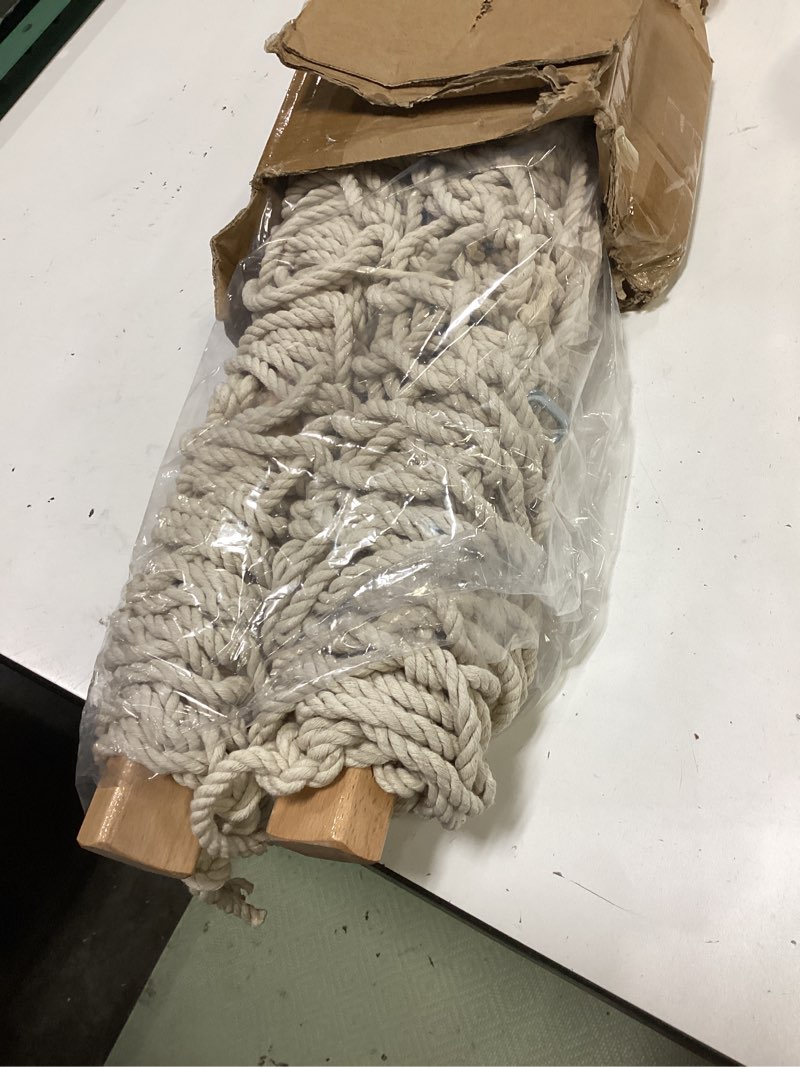 Condition photo showing Good Condition for castaway living 13 ft. double traditional hand woven cotton rope hammock – 2-person, 450 lb capacity, free extension chains & tree hooks, designed in the usa natural cotton