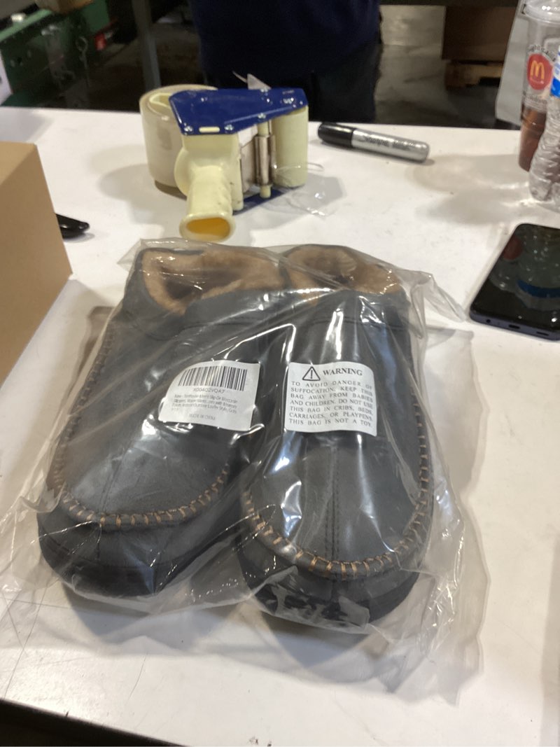 Condition photo showing Good Condition for Men’s Slip-On Moccasin Slippers, Warm Winter Microsuede House Shoes with Memory Foam, Indoor and Outdoor Loafer Style 9-10 Grey