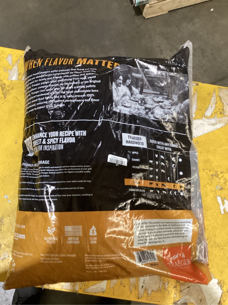 Condition photo showing As Is for traeger hardwood pellets all natural pecan 18 lb
