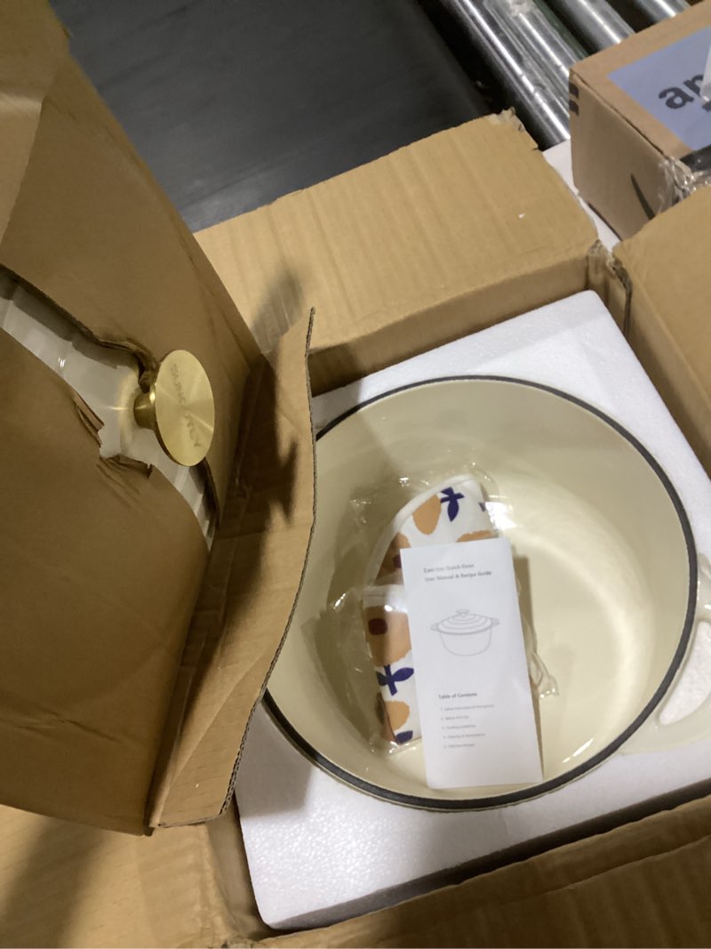 Condition photo showing Good Condition for enameled cast iron dutch oven - 6qt pot with lid & cotton potholders - heavy-duty cookware for braising, stews, roasting, bread baking, oven safe up to 500° f & across all cooktops, cream white cream white 6qt