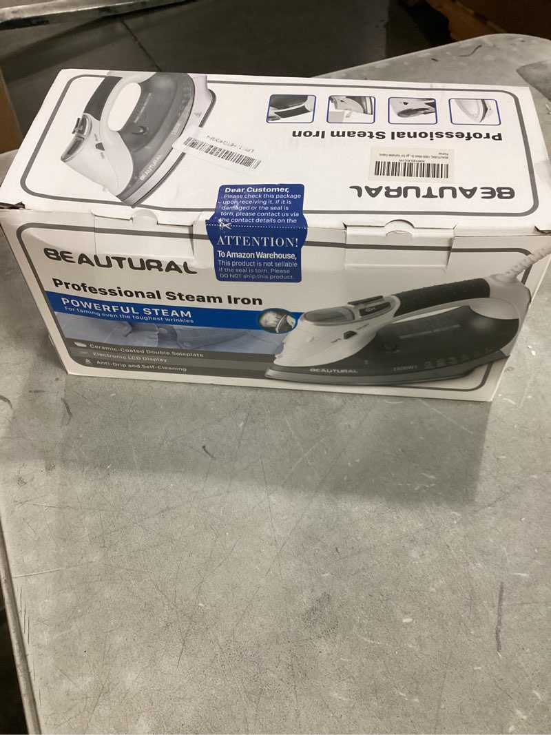 Condition photo showing New/Like New for beautural 1800-watt steam iron with digital lcd screen, double-layer and ceramic coated soleplate, 3-way auto-off, 9 preset temperature and steam settings for variable fabric gray