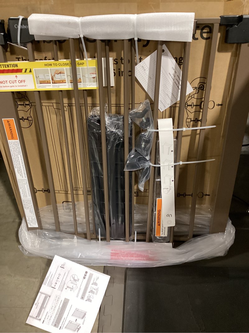 Condition photo showing New/Like New for cumbor 30-46" baby gate for stairs, mom's choice awards winner-auto close dog gate for the house, easy install pressure mounted pet gates for doorways, easy walk thru wide safety gate for dog, brown brown 30"-46" w x 30.5" h