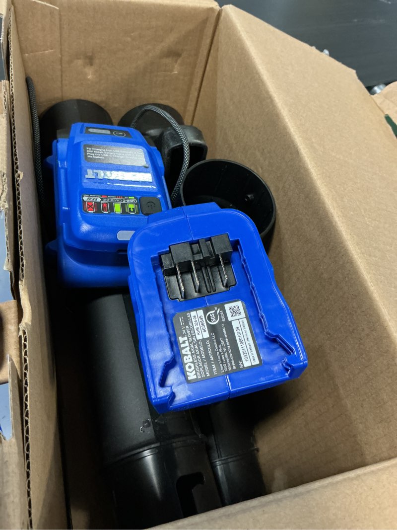 Condition photo showing As Is for kobalt 24-volt 270-cfm 130-mph battery handheld leaf blower 3 ah battery included charger included