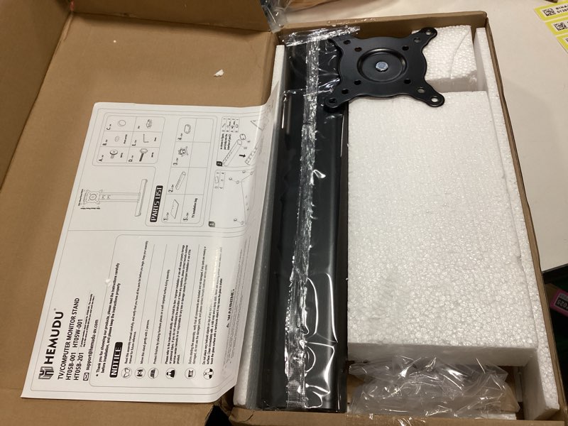 Condition photo showing New/Like New for Single LCD Computer Monitor Free-Standing Desk Stand Mount Riser for 13 inch to 32 inch screen with Swivel, Height Adjustable, Rotation, Vesa Base Stand Holds One (1) Screen up to 77Lbs(HT05B-001)) Black