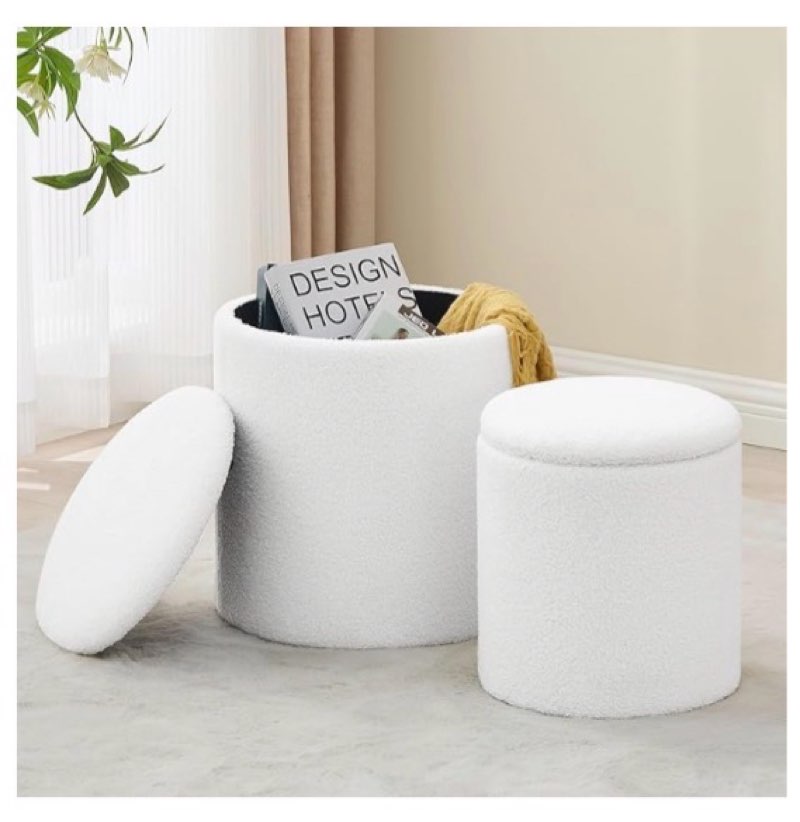 round set of 2 ottoman with storage, boucle storage ottoman foot stool, soft teddy upholstered small vanity stool, ottomans coffee table padded seat foot rest for living room bedroom, white