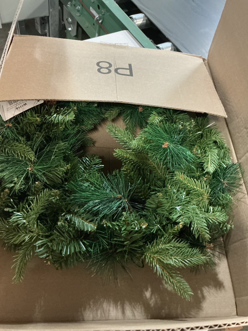 Condition photo showing New/Like New for Nearly Natural 24in. Green Pine Artificial Christmas Wreath with 35 Clear LED Lights