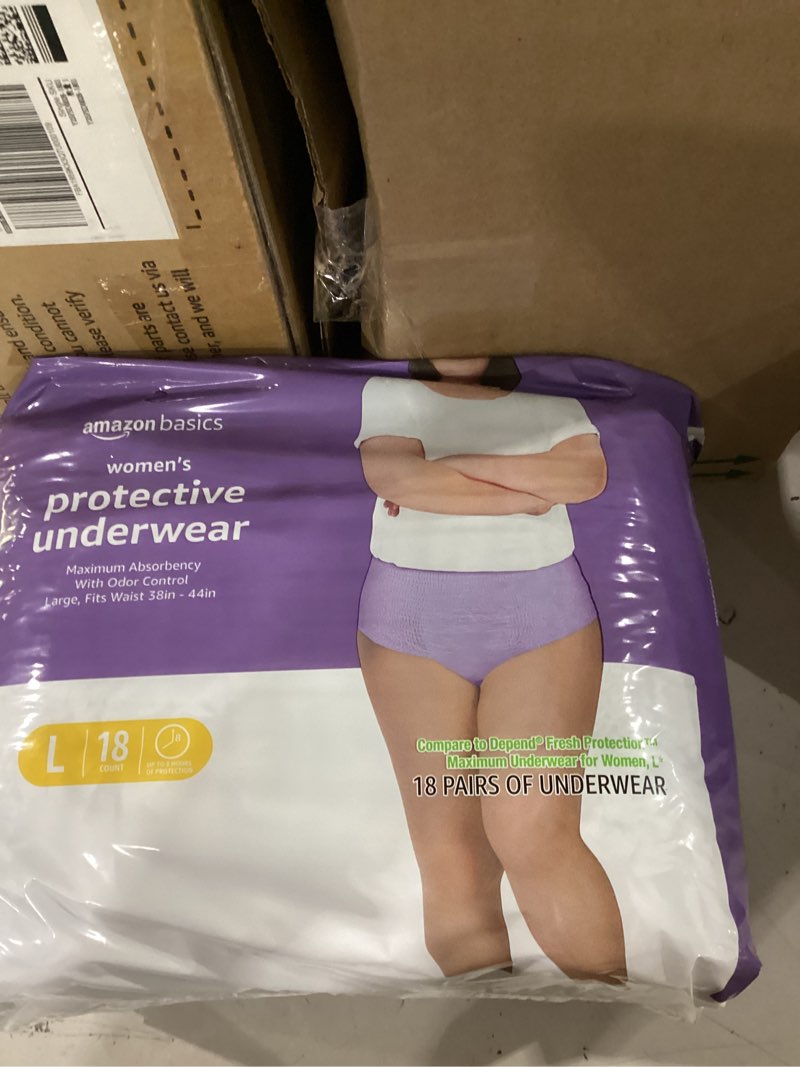 Condition photo showing New/Like New for amazon basics postpartum incontinence underwear for women, maximum absorbency with bladder leak protection, fresh protection, disposable, large, lavender, 18 count large 18.0
