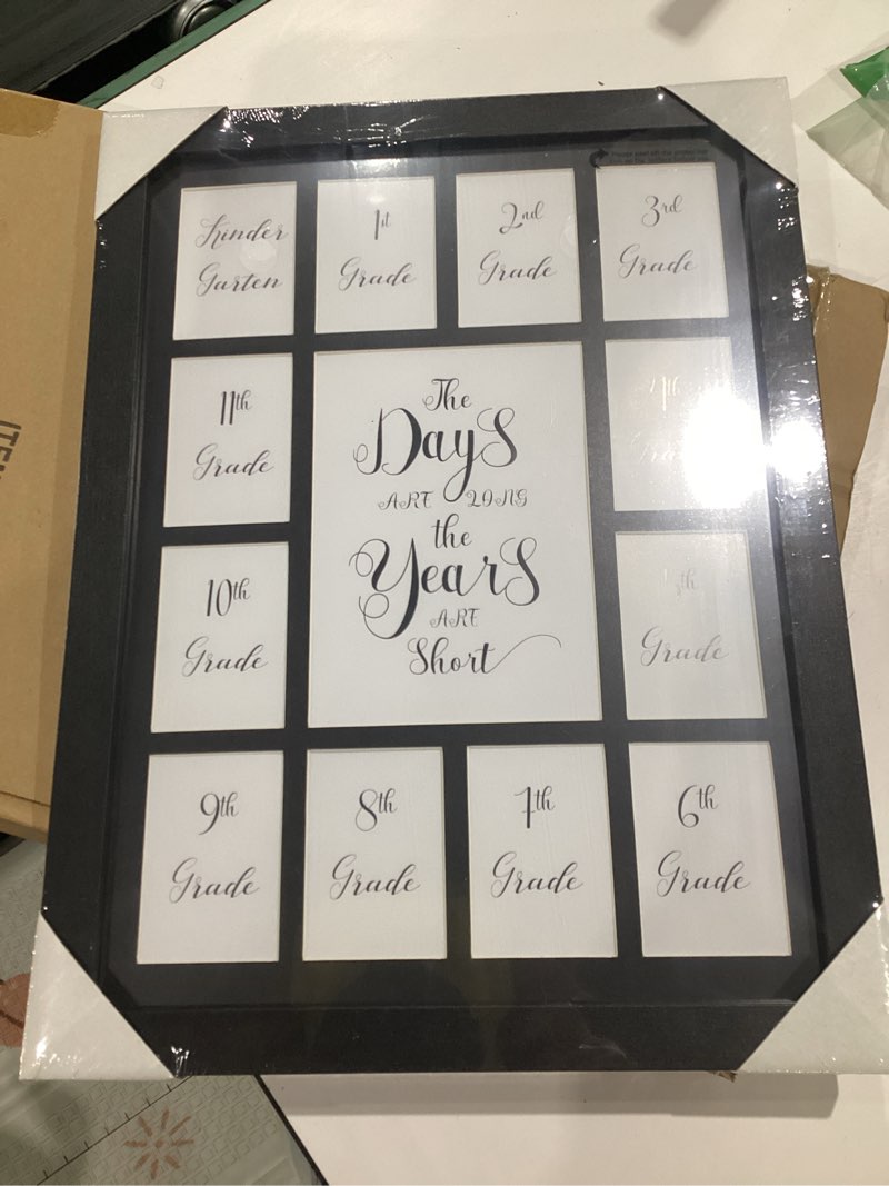 Condition photo showing Good Condition for school year picture frame k-12 collage photo graduation black solid wood frames for wall hanging and table top display 13 openings white k-12 kindergarten to 12th grade high black mat