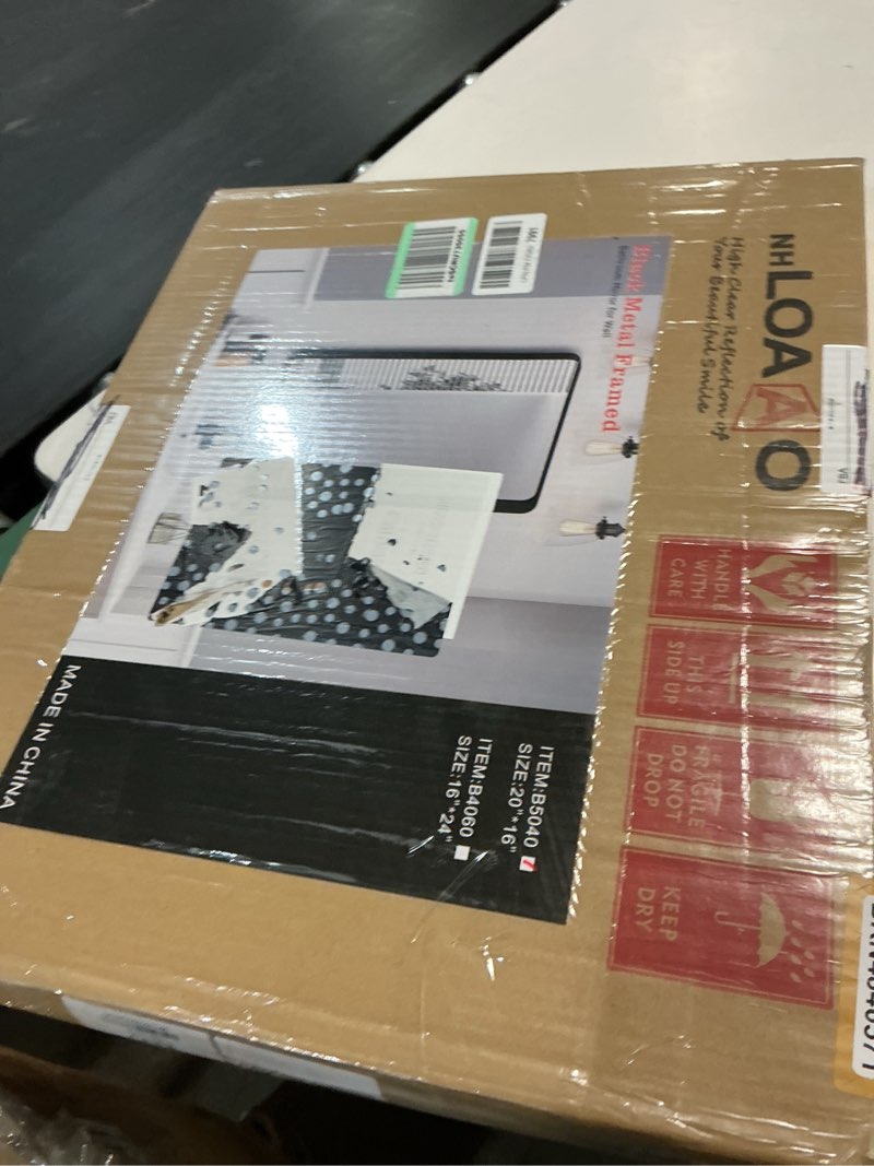 Condition photo showing New/Like New for loaao 20x16 inch black metal framed bathroom mirror for wall, matte black bathroom vanity mirror farmhouse, large rounded rectangle mirror, anti-rust, hangs horizontally or vertically black 20"l x 16"w